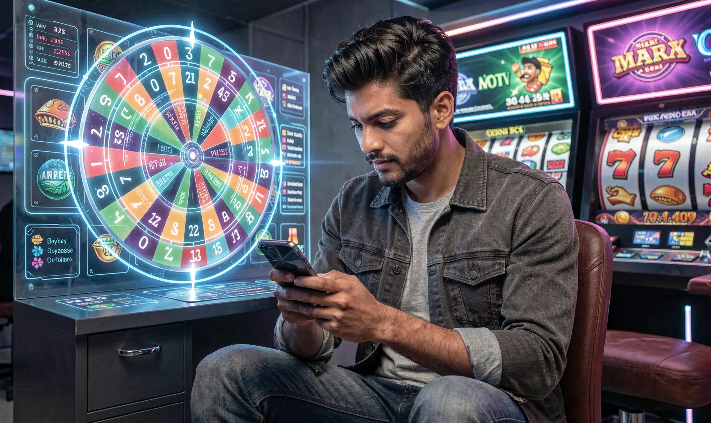 Confident Bangladeshi player using the 40OK casino app with a glowing roulette wheel and slot symbols creating a modern mobile gaming mood