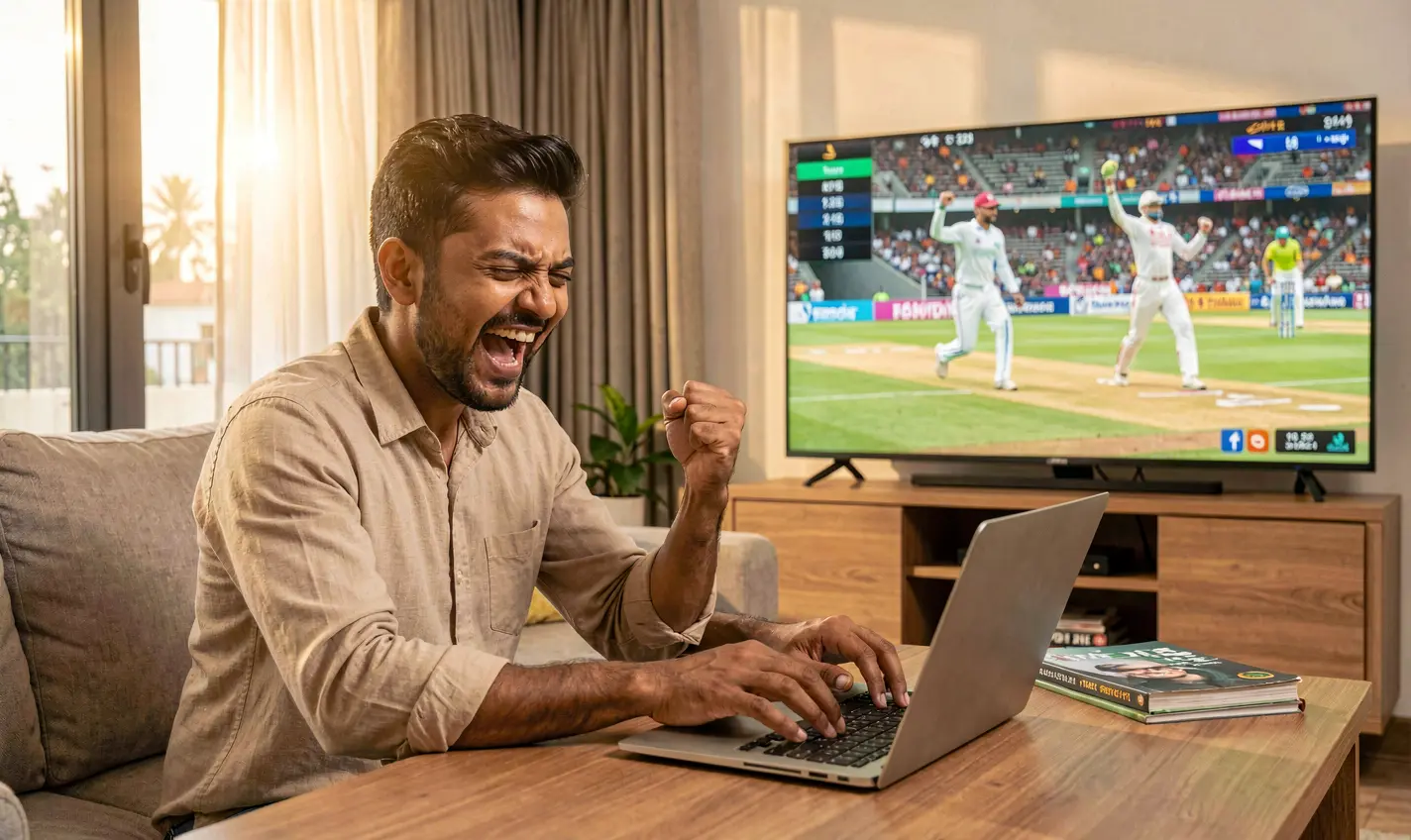 Excited Bangladeshi sports bettor celebrating a winning moment while placing live cricket bets on a laptop with 40OK at home