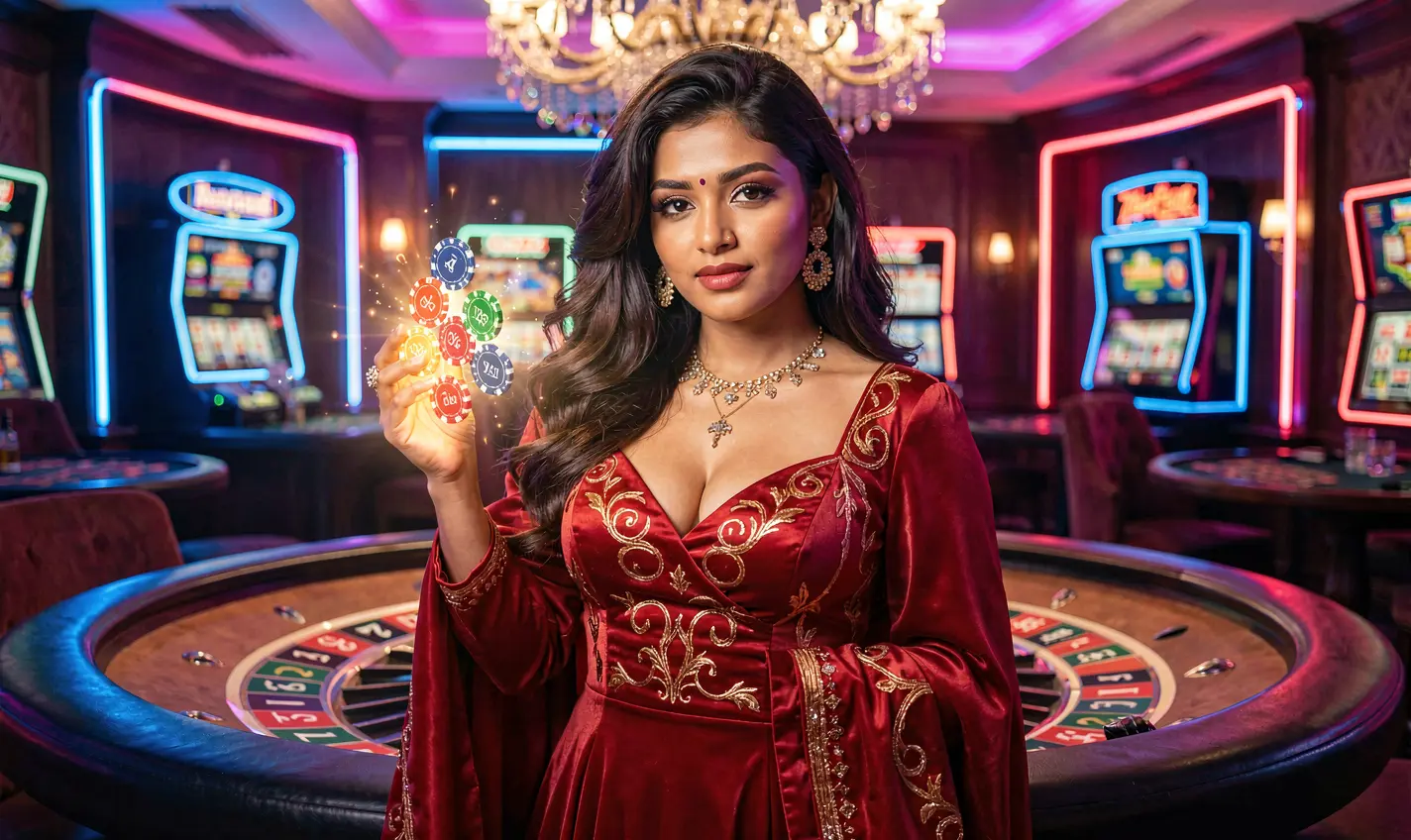 Elegant casino atmosphere with a glamorous woman holding poker chips near a roulette table highlighting premium bonuses at 40OK for players in Bangladesh