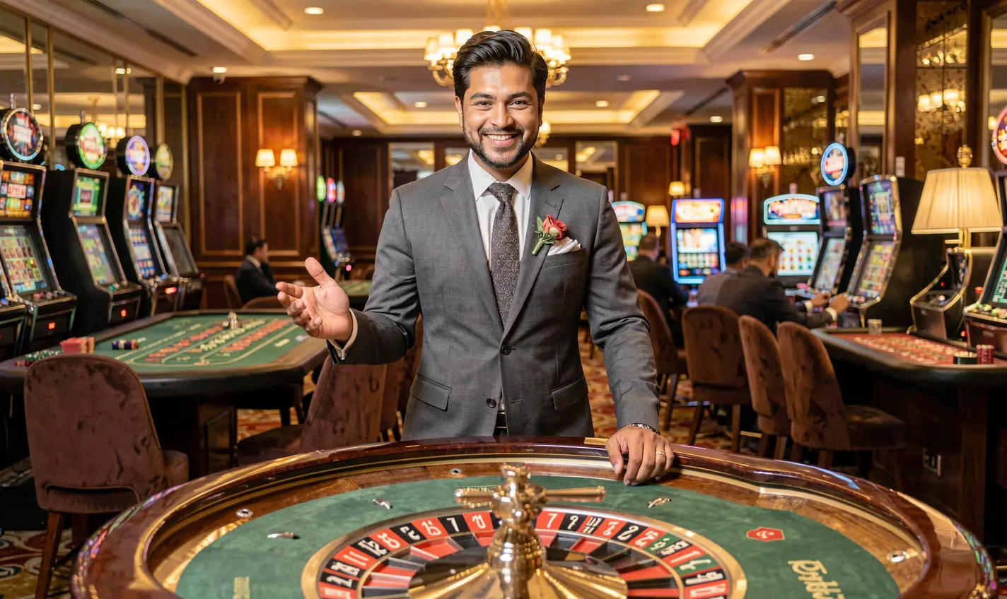 Professional live casino dealer at a roulette table inside a glamorous studio atmosphere, showcasing the premium live gaming experience offered by 40OK Casino in Bangladesh