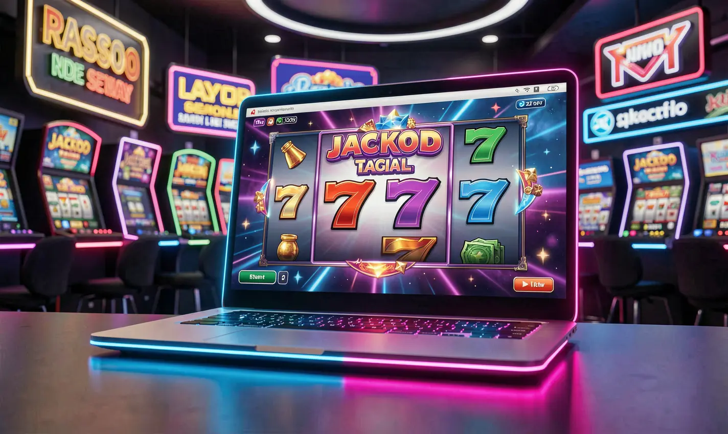Modern laptop displaying a glowing 777 jackpot screen with vibrant casino lights representing premium online casino gaming on 40OK in Bangladesh