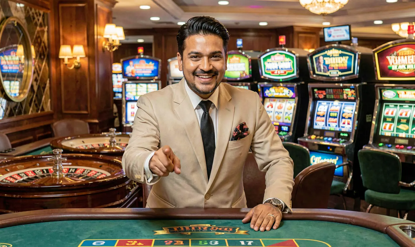 Professional Bangladeshi casino host welcoming players at a live table with colorful slot machines behind him on the 40OK login page