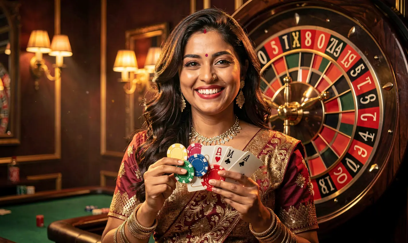 Confident casino player holding poker chips with a glowing roulette wheel in the background representing thrilling live casino action at 40OK for Bangladeshi users