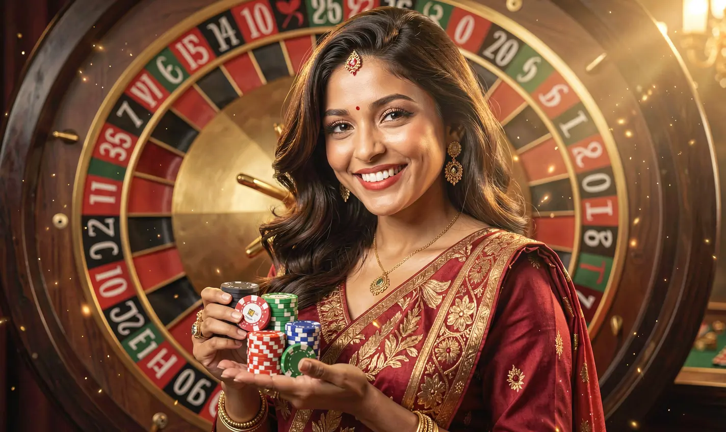 Confident casino player holding colorful chips in front of a roulette wheel showcasing the excitement and luxury of 40OK online casino in Bangladesh
