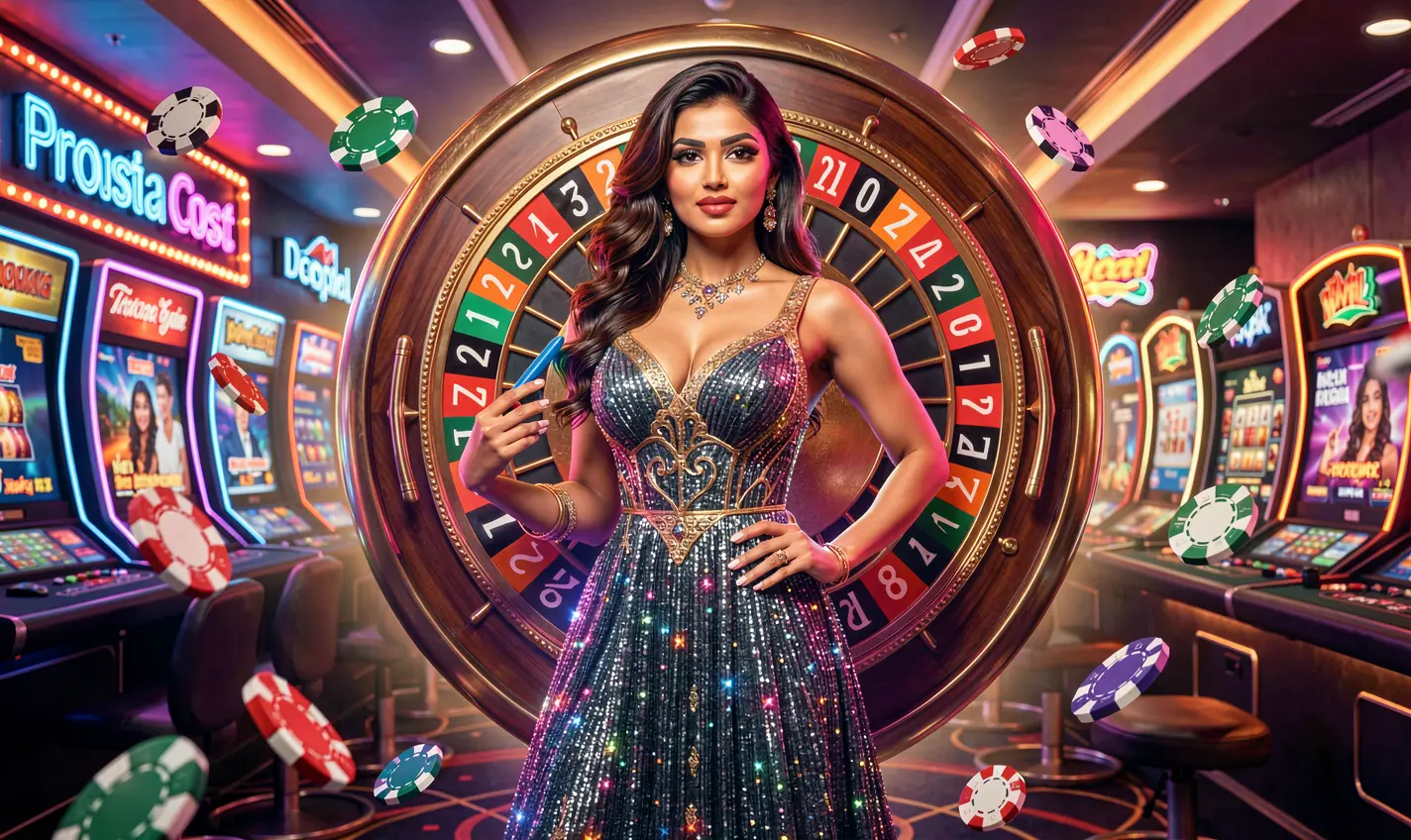 Stylish casino woman posing in front of a vibrant roulette wheel with floating chips highlighting the immersive live casino mood of 40OK in Bangladesh