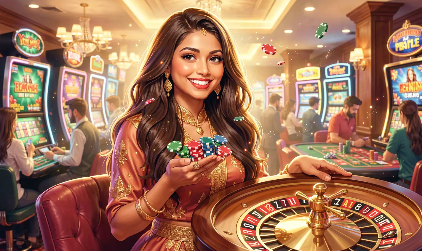 Confident casino player holding colorful chips in front of a glowing roulette wheel highlighting the excitement of live casino gaming at 40OK in Bangladesh