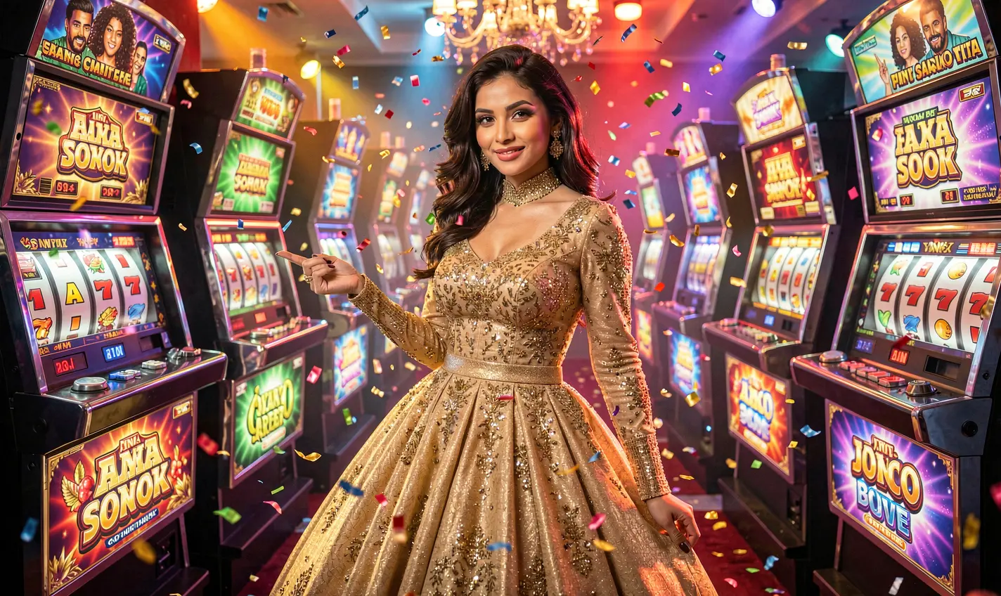 Elegant woman in a golden dress standing among bright slot machines creating a premium casino atmosphere at 40OK for players in Bangladesh